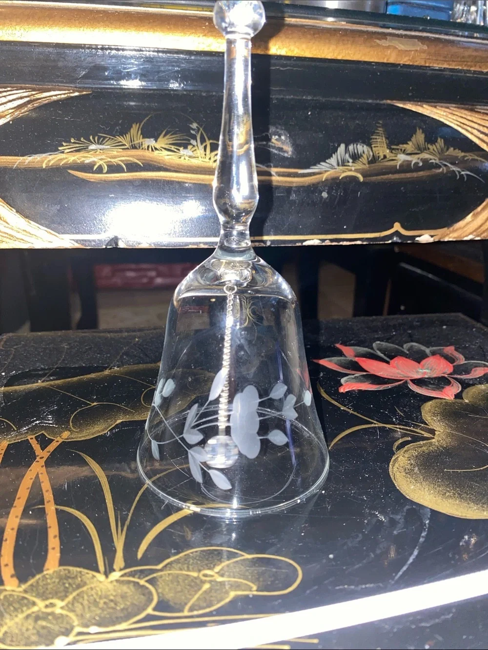 Princess House Clear Etched Glass Dinner Bell - White Floral Design